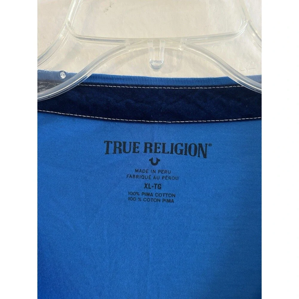 TRUE RELIGION Shirt Mens XL Blue V Neck Horseshoe Logo Cotton Short Sleeve Tee